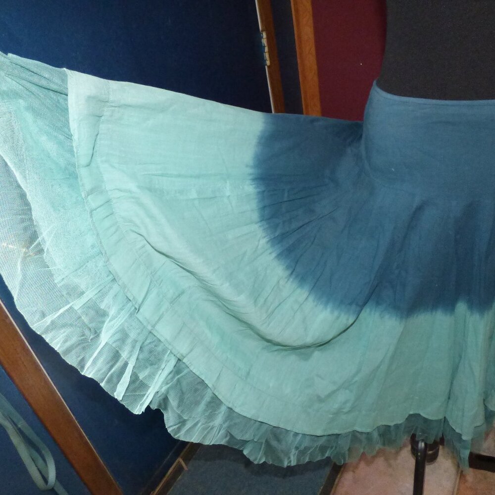VINTAGE GOTH BOHO BLUE GREEN TIE DYE KNEE LENGTH TULL HEM SKATER SKIRT 13